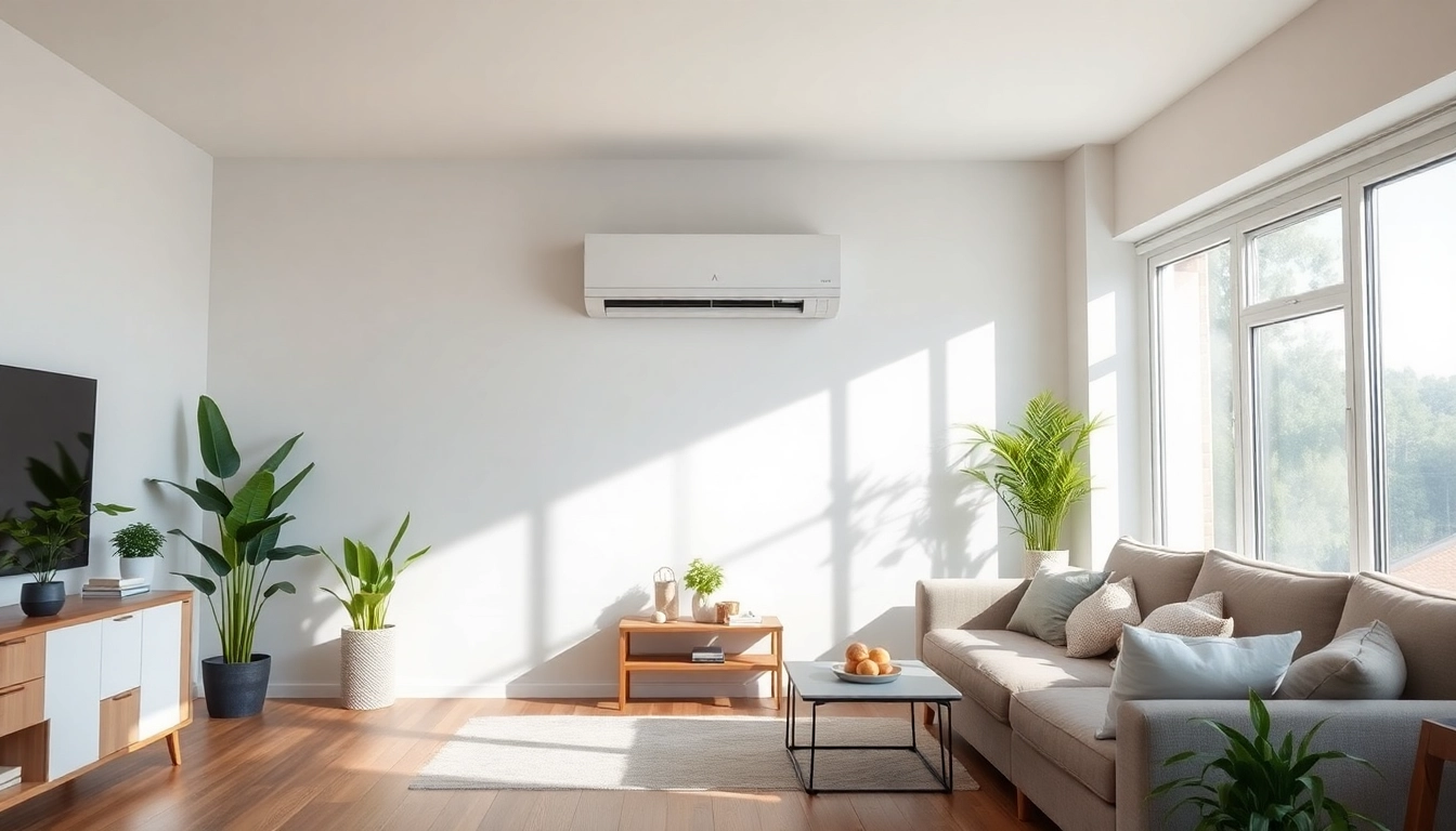 Showcase a Mitsubishi mini split ac in a stylish living room, highlighting its elegant installation and design.