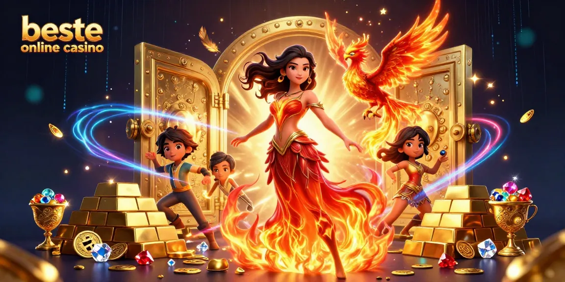 Experience the excitement at the beste online casino with a stunning, fiery phoenix in a magical casino scene.
