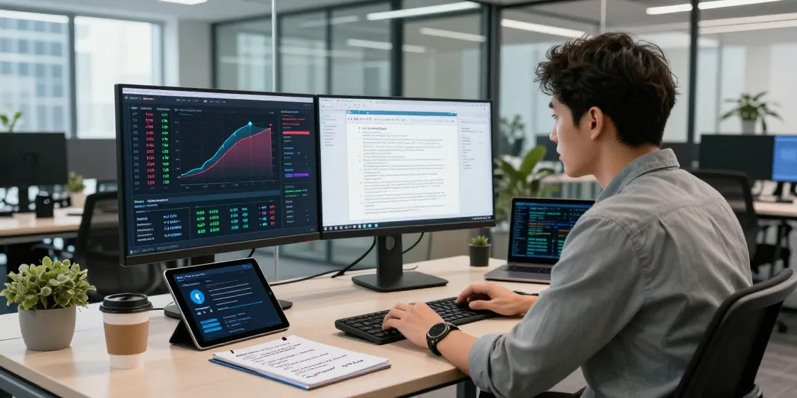 Detect PDF fraud analytics displayed on dual monitors in a modern tech workspace.