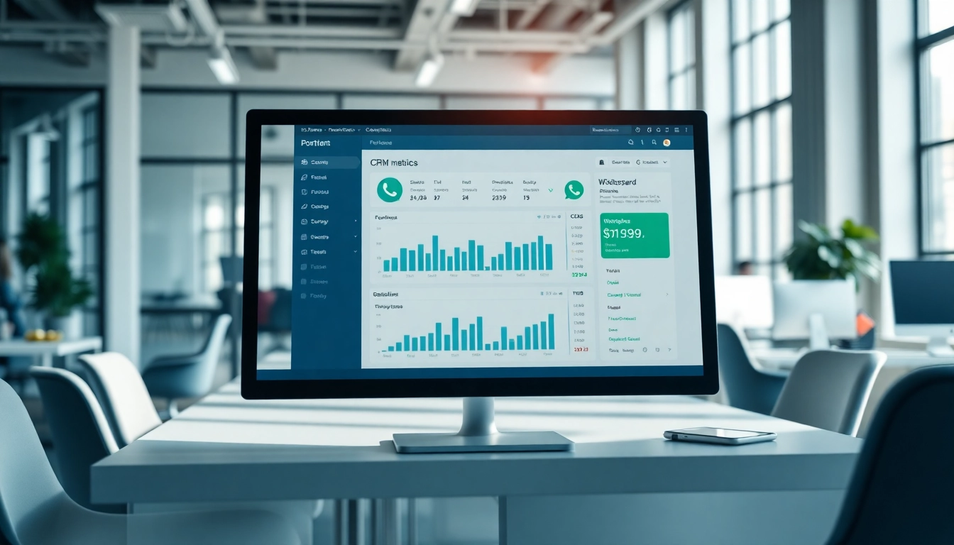 What is a CRM for WhatsApp displayed on a computer screen in a modern office setting