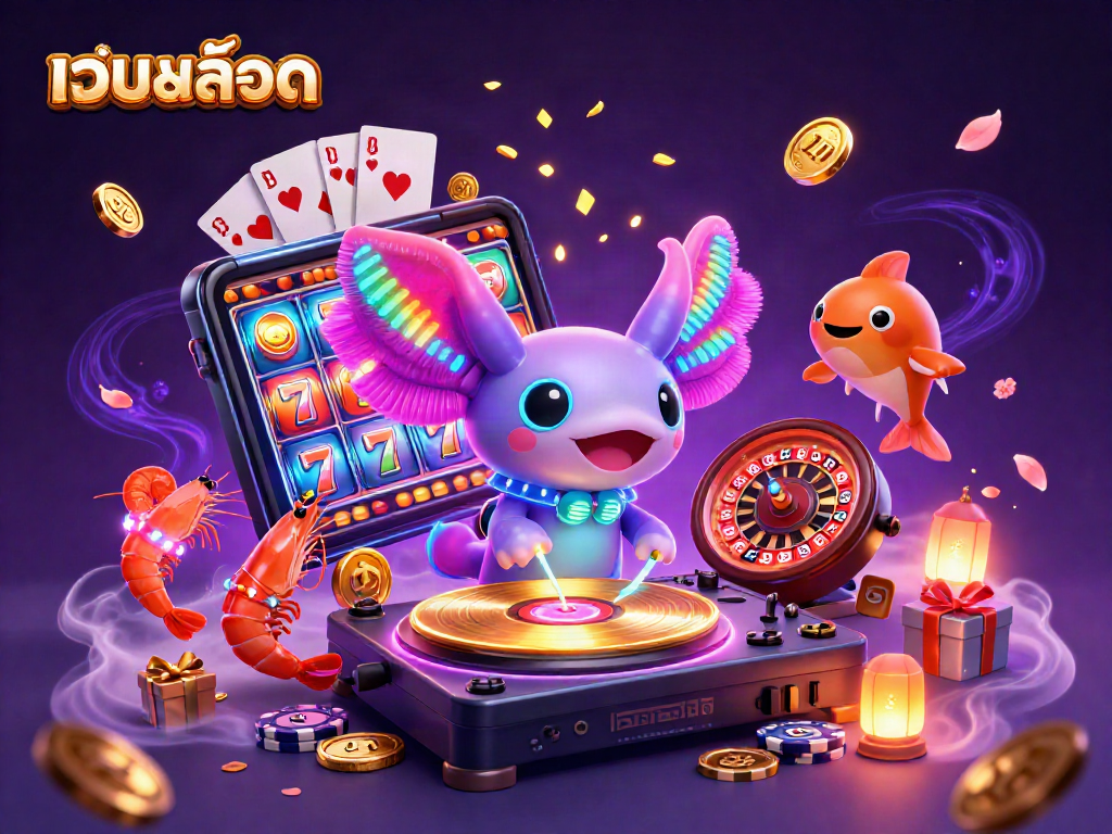 Engage with เว็บสล็อต as a neon axolotl DJ spins golden records surrounded by exciting slot game elements.