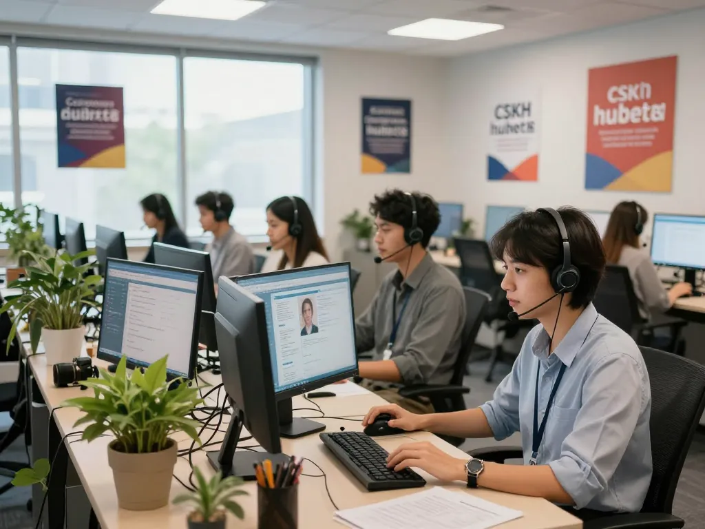 Customer agents providing exceptional CSKH 24/7 hubet88 support in a dynamic call center setting.