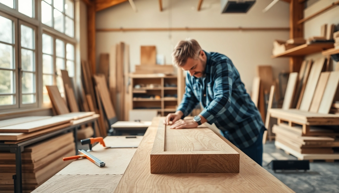Cabinet maker crafting an intricate custom cabinet in a bright workshop.