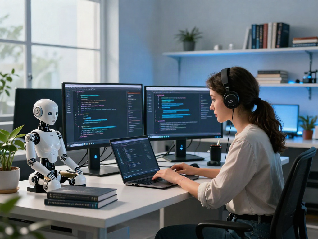 Female programmer developing a sex bot in a modern tech lab, with digital displays and a robot prototype.