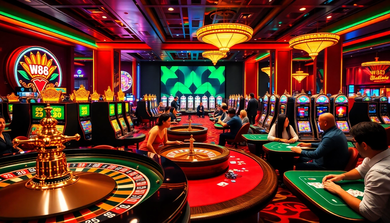W88 casino scene with enthusiastic players and vibrant slot machines showcasing thrilling gambling action.