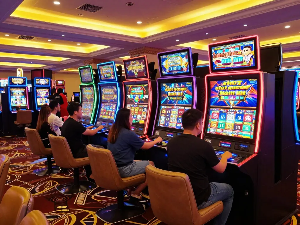 Exciting slot gacor hari ini moments captured in lively casino slot machine area filled with players enjoying the games.