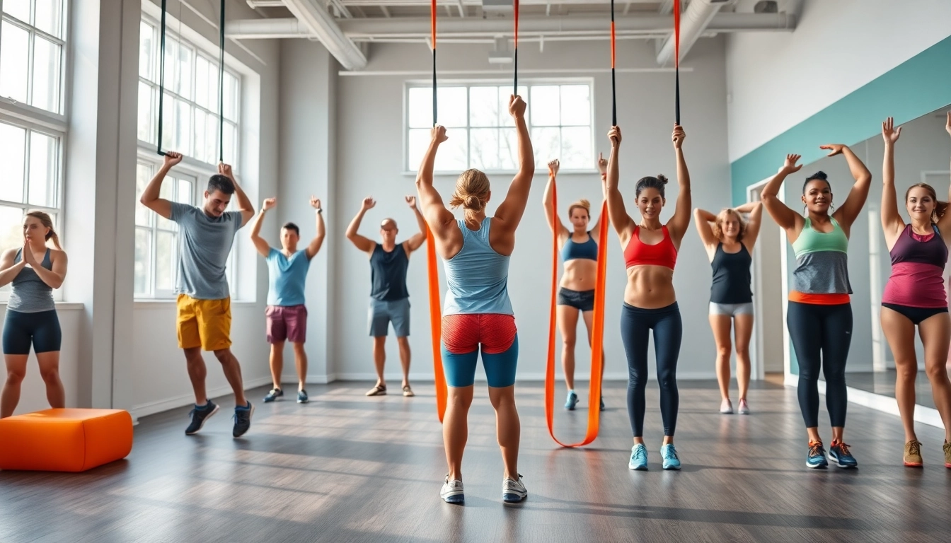 Active individuals using pull-up assist bands in a vibrant fitness studio, showcasing versatility and strength training.