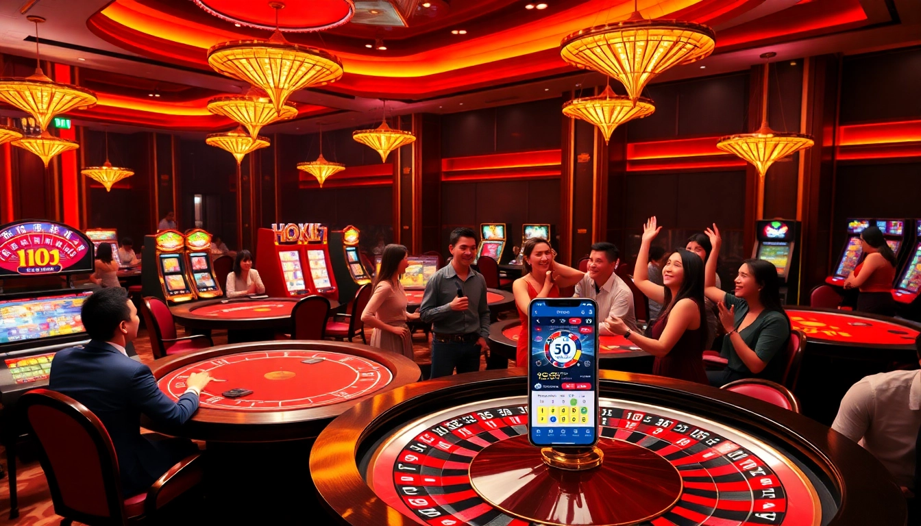 Exciting gaming scene featuring Hoki77 slot machines and players celebrating wins.