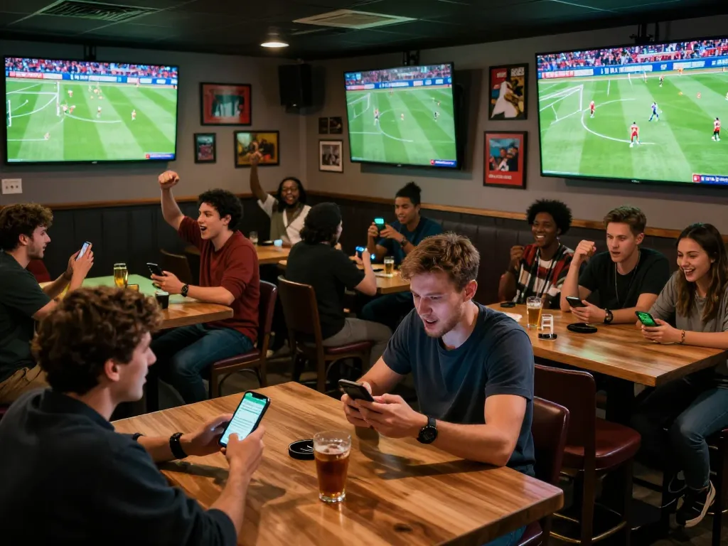 Witnessing trực tiếp bóng đá hôm nay at a lively sports bar, fans engaged with betting apps.