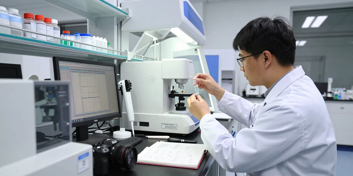 Researcher analyzing premium research peptides in a lab setting, showcasing advanced scientific equipment.