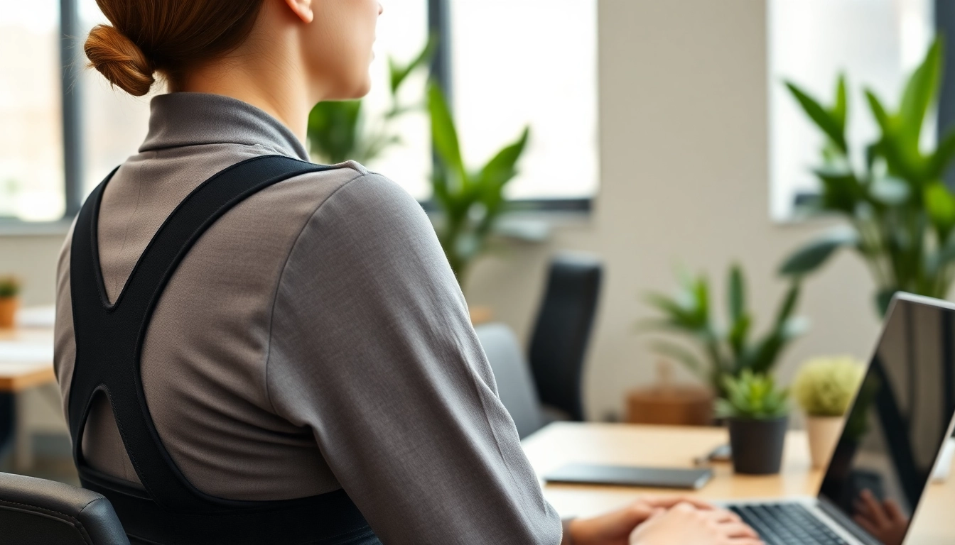 Individual demonstrating the benefits of a posture brace in a modern office environment.