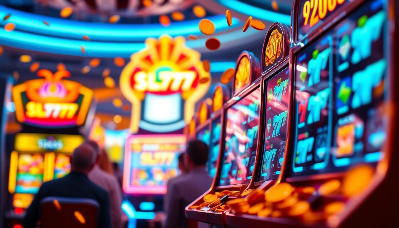 Menampilkan suasana kasino yang menampilkan slot777 dengan mesin slot yang mengkilap dan koin.