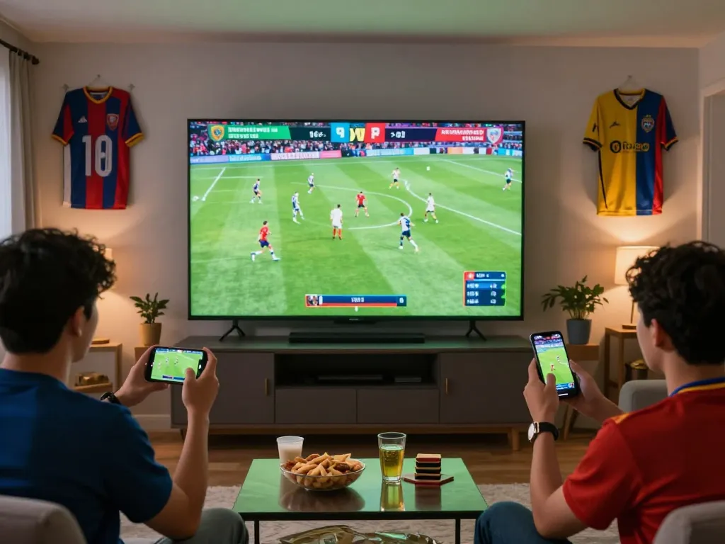 Cakhia tv fans enjoying live soccer match in a lively home setting with snacks and drinks.