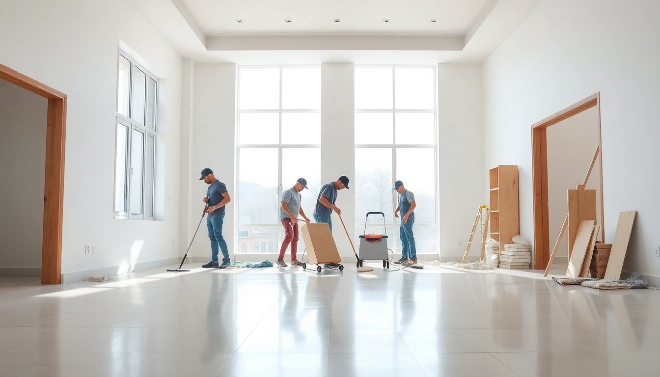 Post construction cleaning team efficiently beautifying a new space with sparkling surfaces