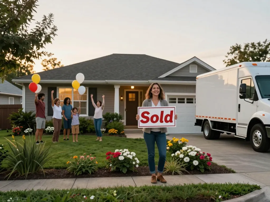 We buy houses for cash, celebrating family outside sold home with joyful expressions and moving truck nearby.