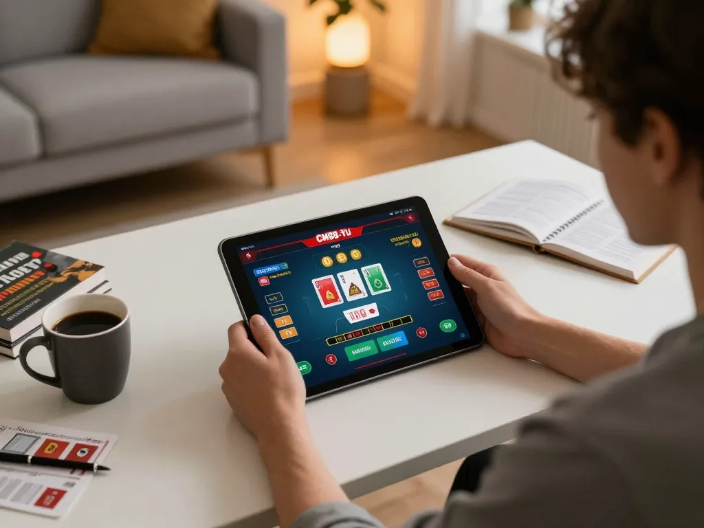 Player engaging in CM88-Yu online casino gaming on tablet in a cozy setting with strategy notes.