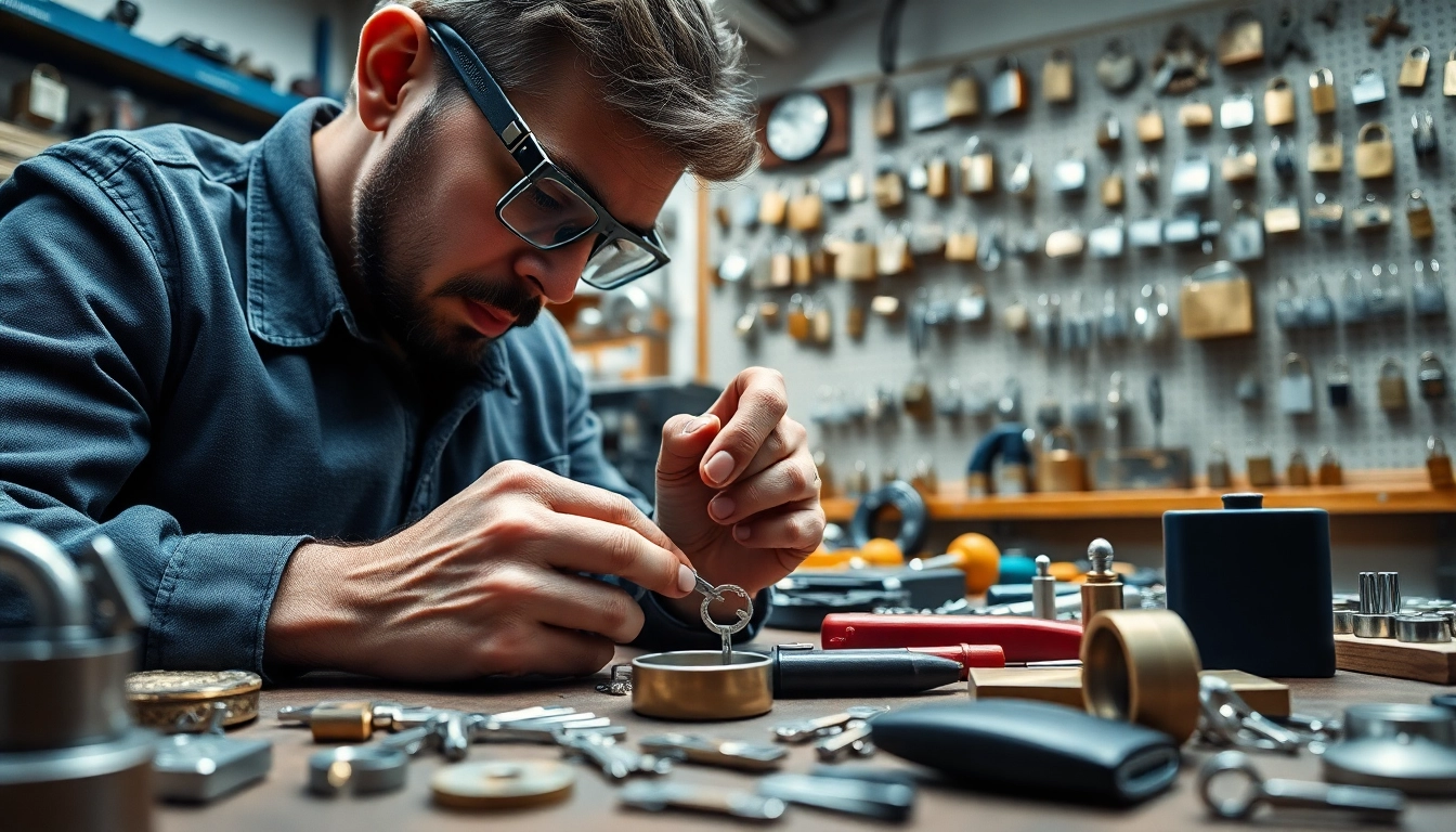 Successful locksmith near me diligently working with tools in a bright workshop.