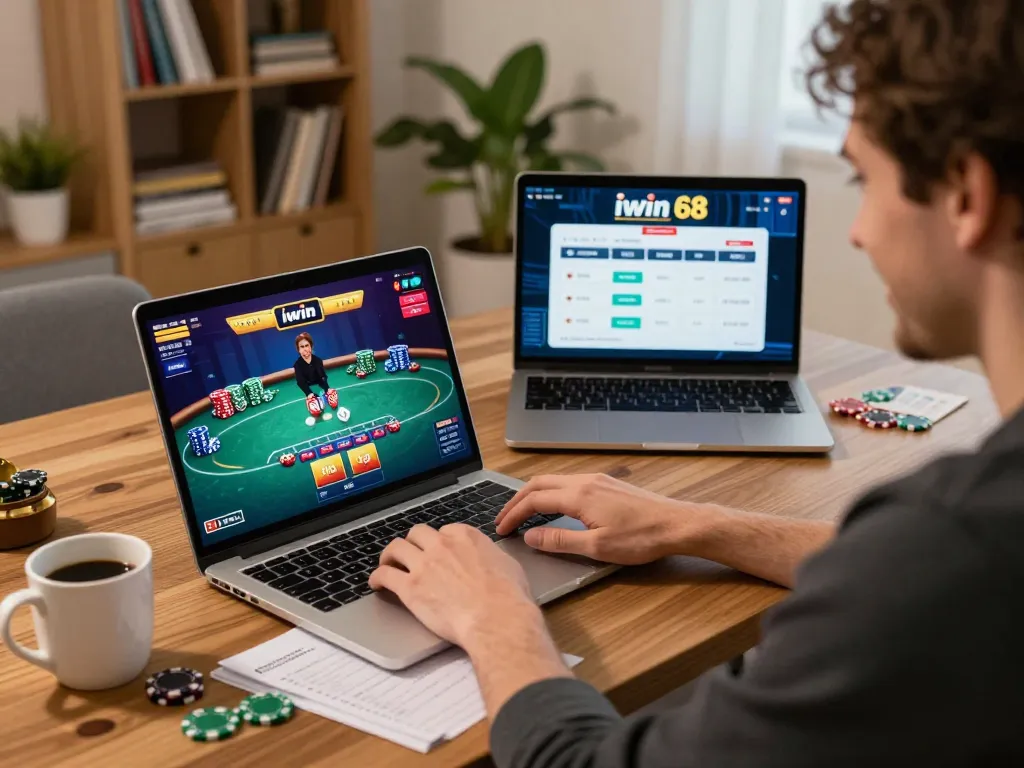 Playing poker online at iwin 68 on a cozy home setup with strategic notes