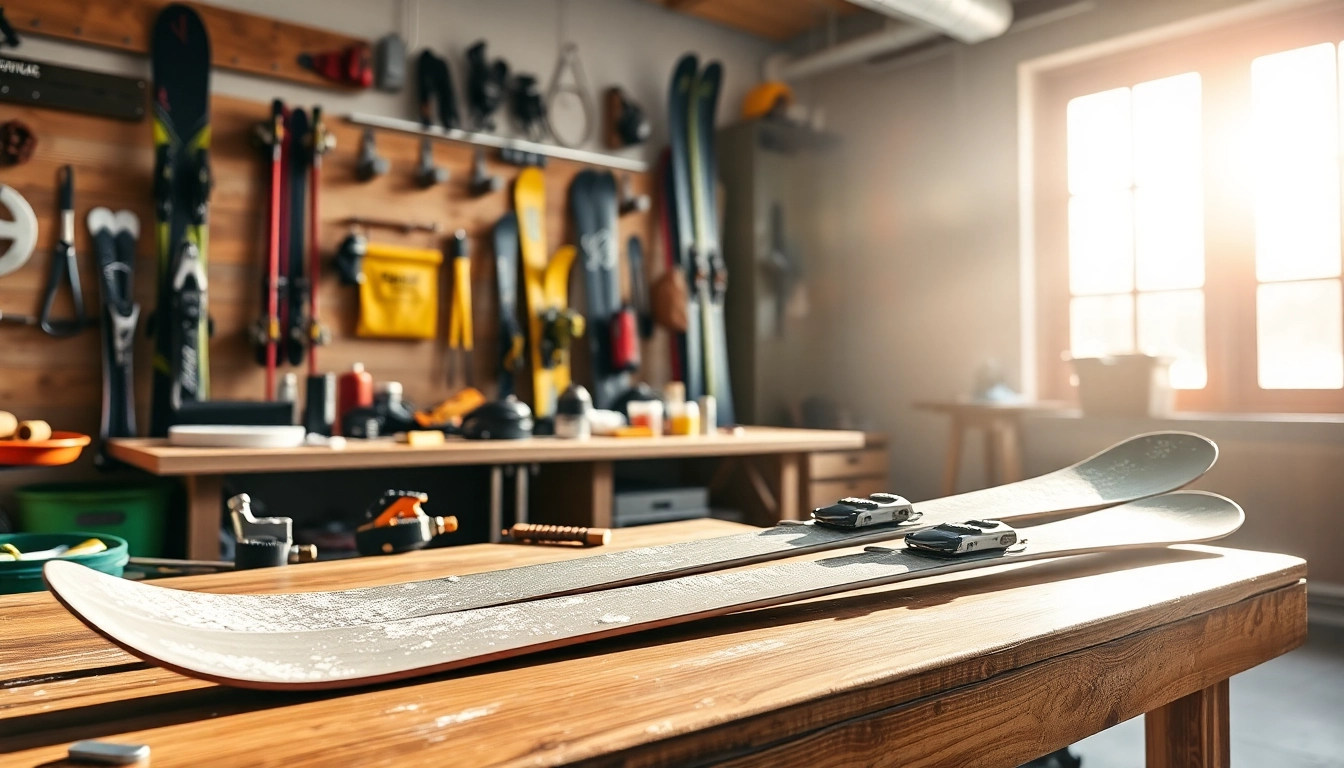 Ski tuning and waxing tools and equipment arranged on a rustic workbench.