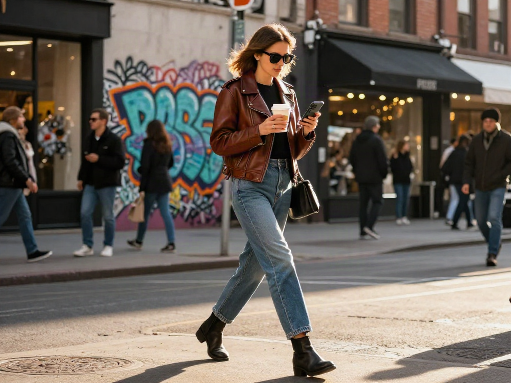Stylish woman in leather jackets for women walking through city street.