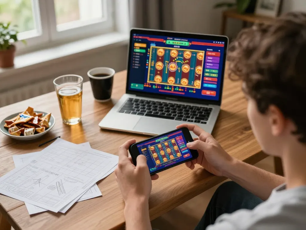 Person playing 918kiss game on smartphone, showcasing mobile gaming strategy in a cozy home environment.
