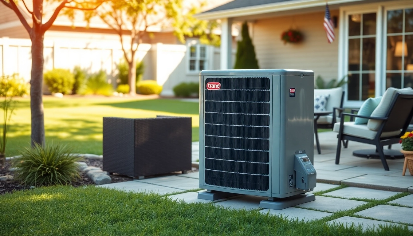 Efficient trane heat pump installed in a residential backyard, highlighting sleek design and aesthetics.