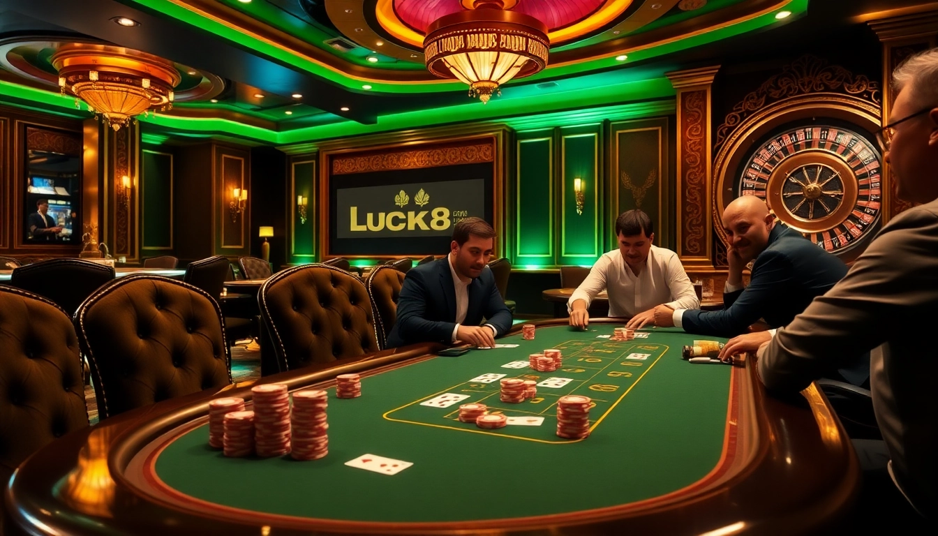 LUCK8 casino scene with high-stakes poker table and engaged players in a vibrant atmosphere.