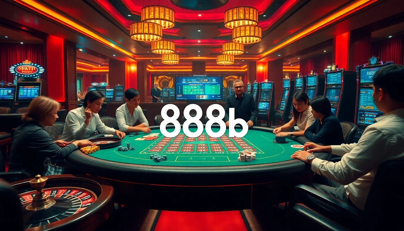 Engage in exciting gameplay as you đăng nhập 888b at a luxurious casino with vibrant tables and players.