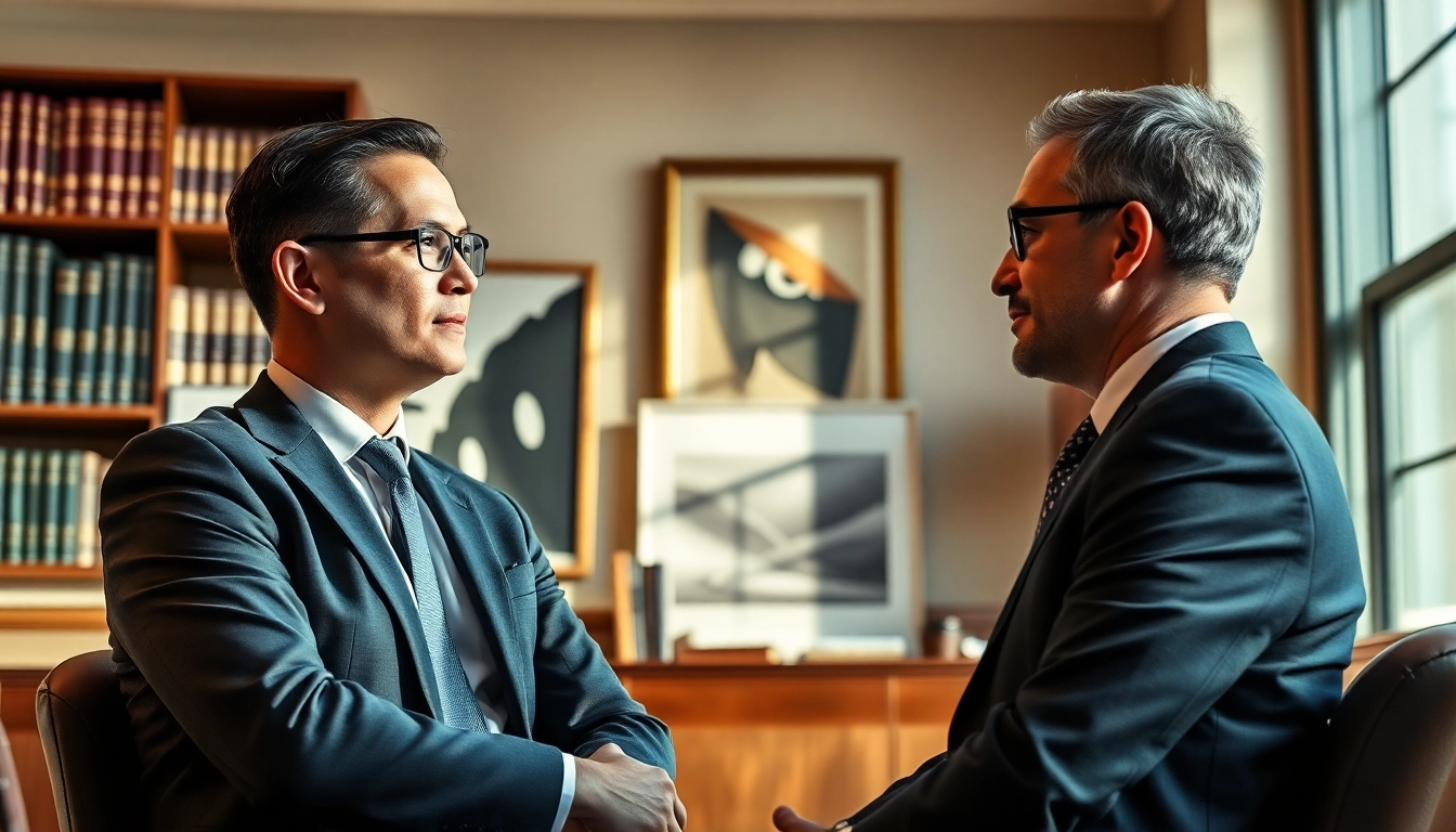 Engage with a professional intellectual property lawyer in a sophisticated office environment.