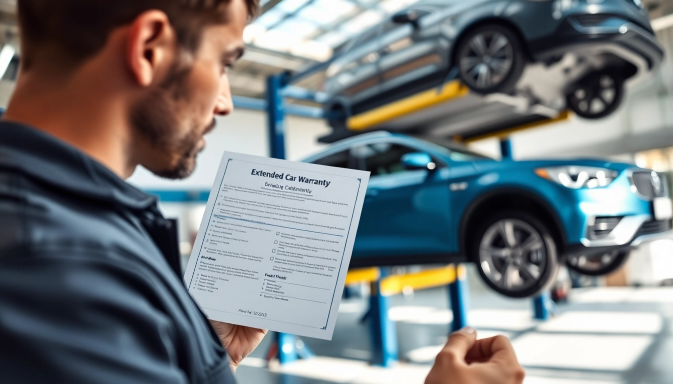 A mechanic reviewing extended car warranty details in a modern repair shop.