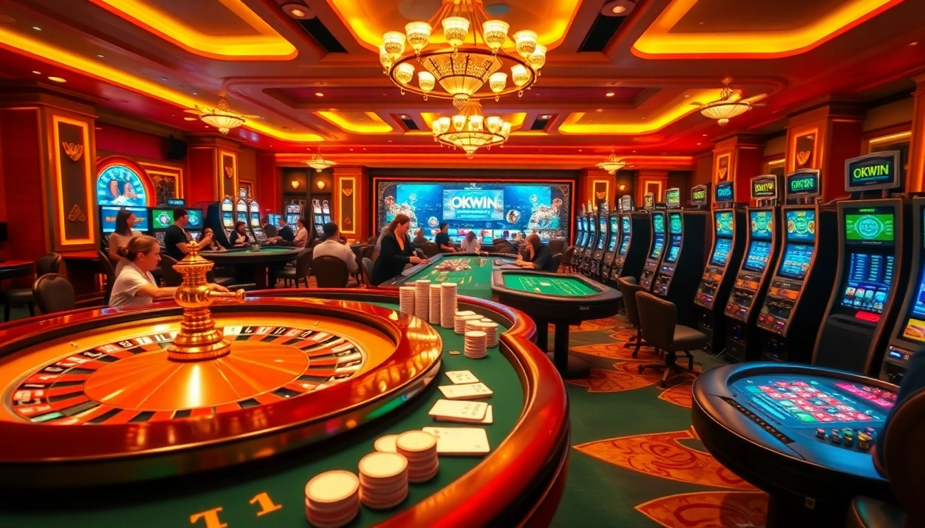 Experience the thrill of gambling at Trang Chủ OKWIN, showcasing vibrant casino activities with tables and slot machines.