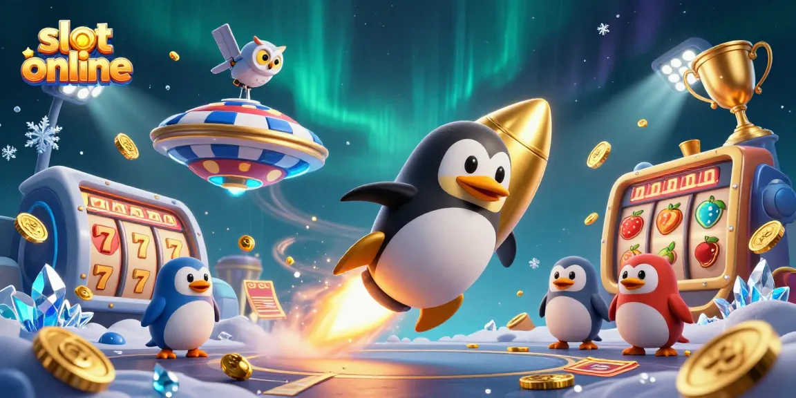 Menghadirkan slot online dengan penguin emas meluncur di luar angkasa, menyebar koin emas di kasino.