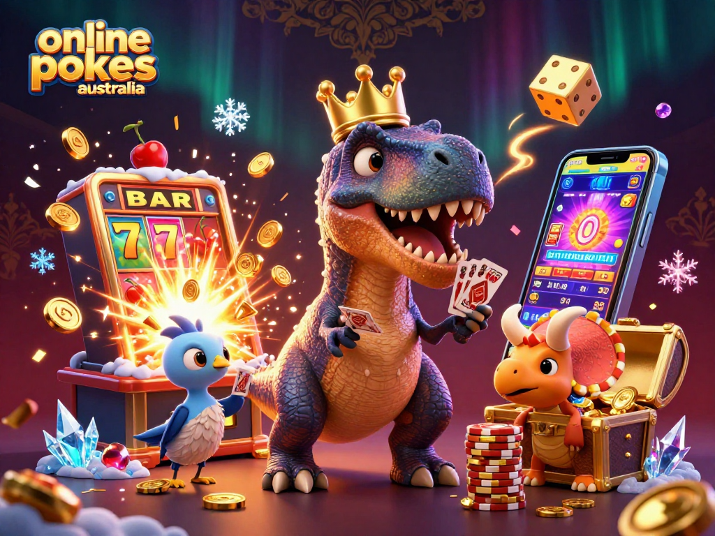 Experience thrilling wins with online pokies Australia as a T-Rex shuffles cards and a triceratops stacks chips.