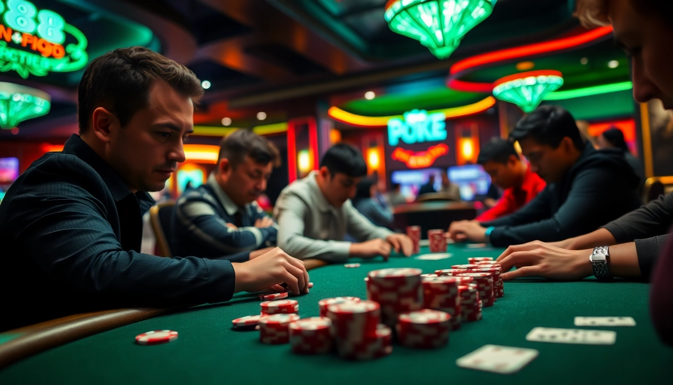 Menampilkan pemain yang terlibat dalam Domino88 poker game dengan kartu dan chip di meja permainan.