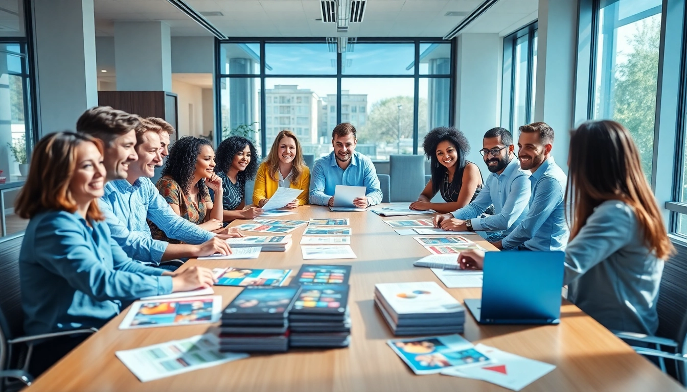 Direct mail company team collaborating energetically around a conference table.