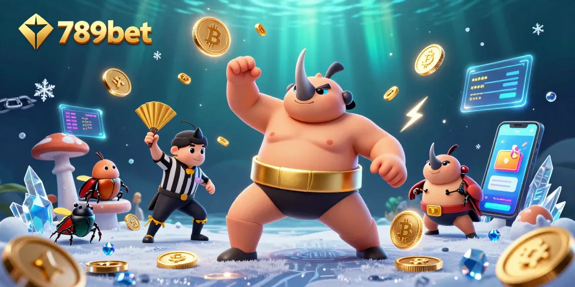 Experience the excitement of 789bet with a powerful sumo beetle champion sending flying coins in a vibrant casino scene.