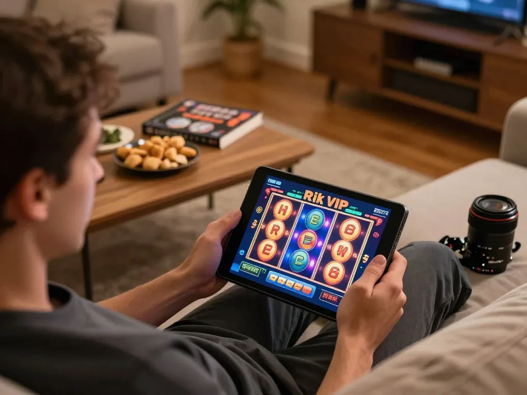 Engaging in Rik VIP online gaming session on a tablet, featuring colorful slots and snacks.