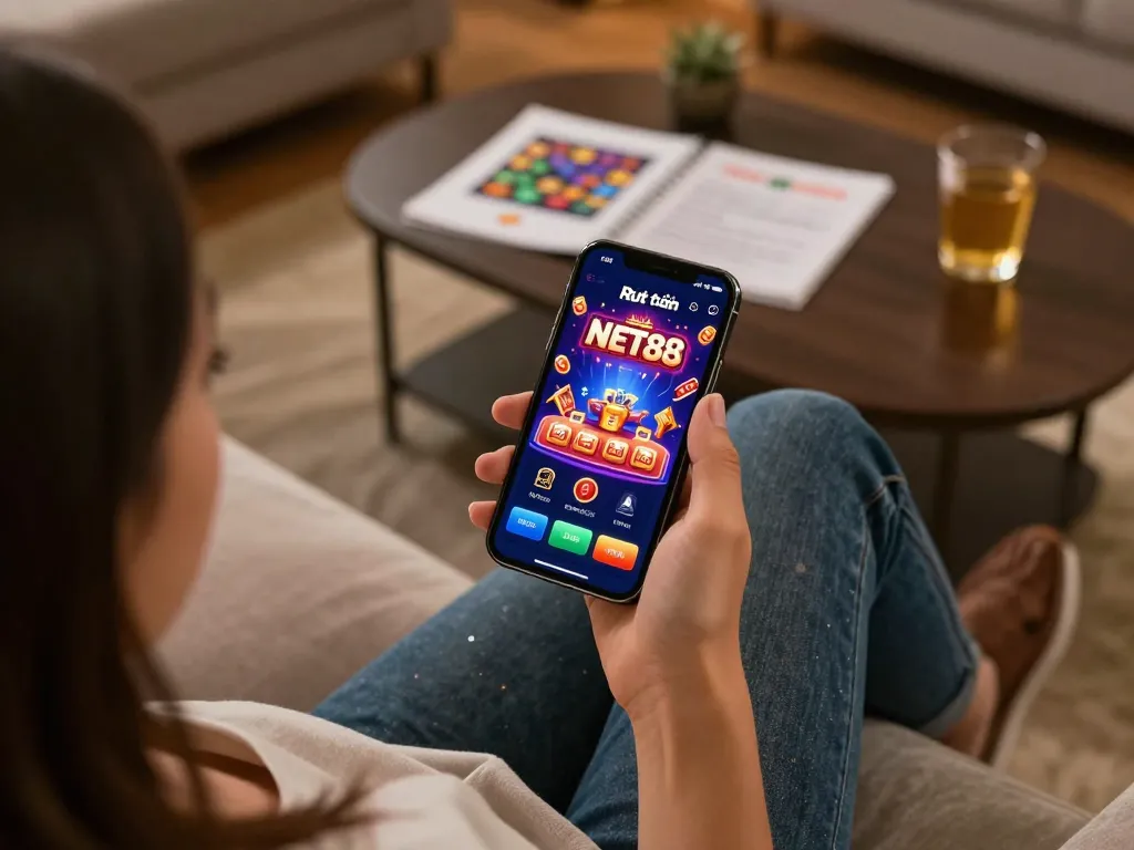 Rút tiền NET88 app interface shown on smartphone during relaxed mobile gaming session.