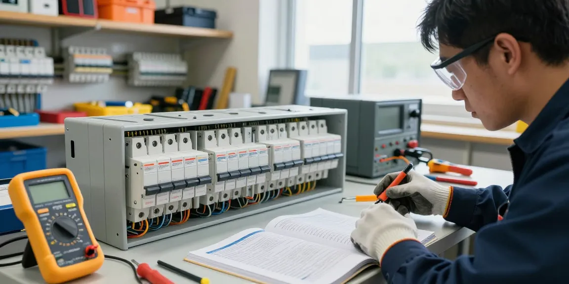 MCCB circuit breaker inspection in a professional electrical workshop.