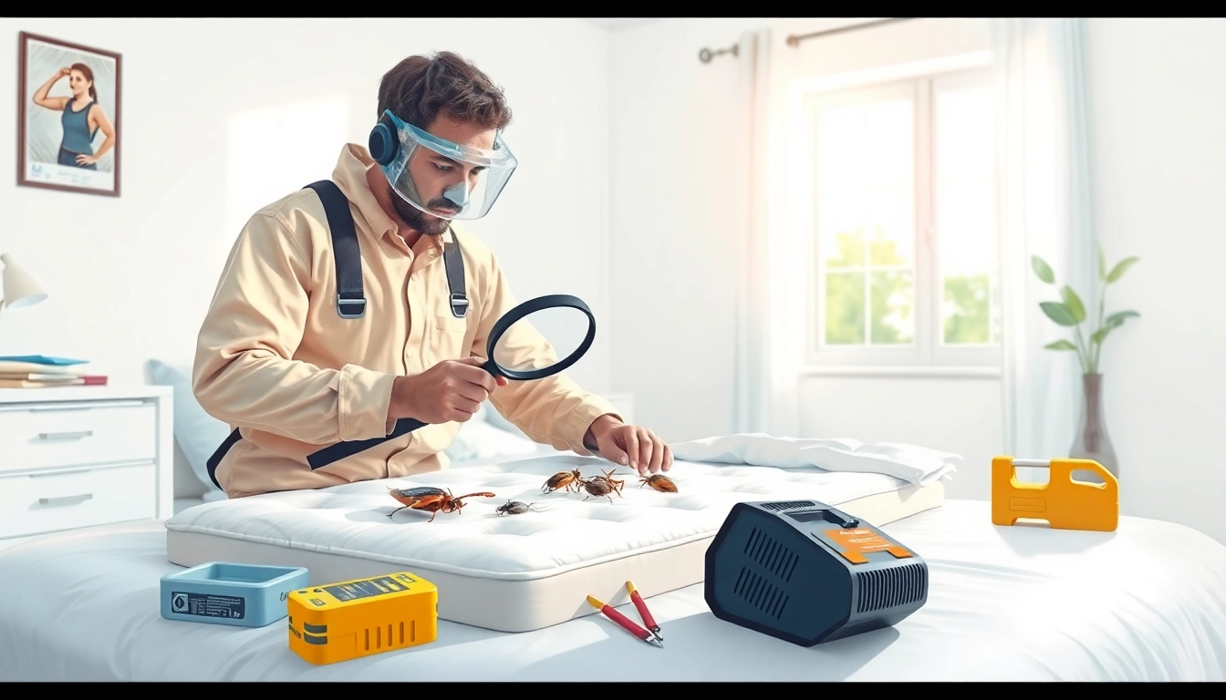 Illustration of bed bug treatment, showcasing a professional inspecting a mattress in a clean, safe bedroom.