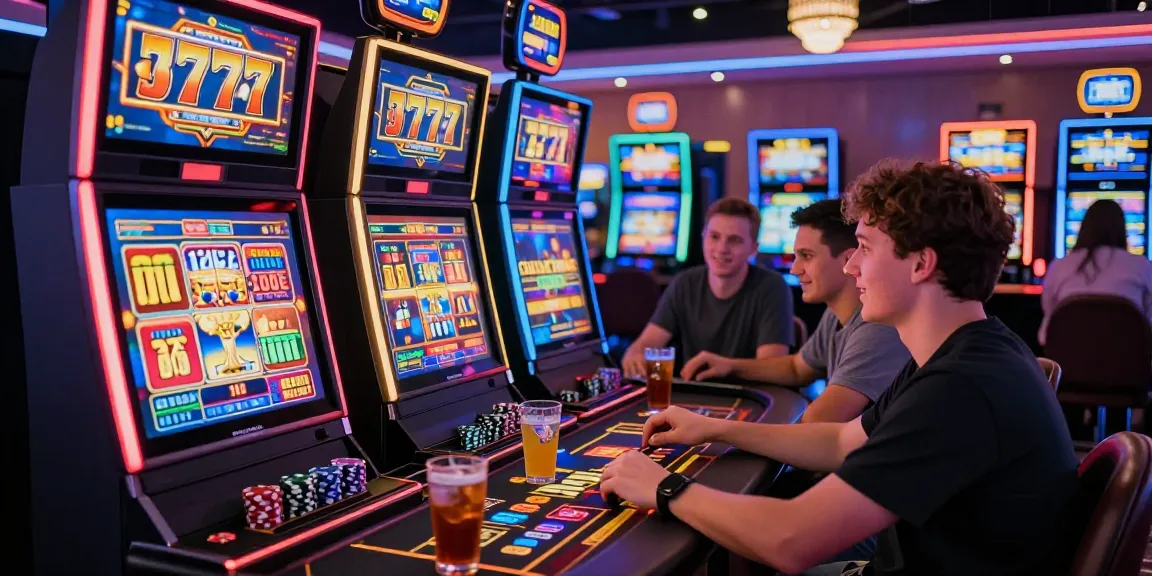 Engaged player celebrating a win on slot777 machine in a vibrant casino atmosphere.