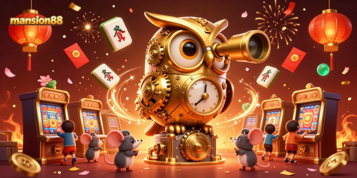 Engage with mansion88's vibrant 3D casino scene featuring an owl, mice, and festive elements