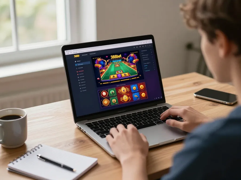 Person using 388bet online casino platform in a modern home office setup, showcasing strategic gaming.