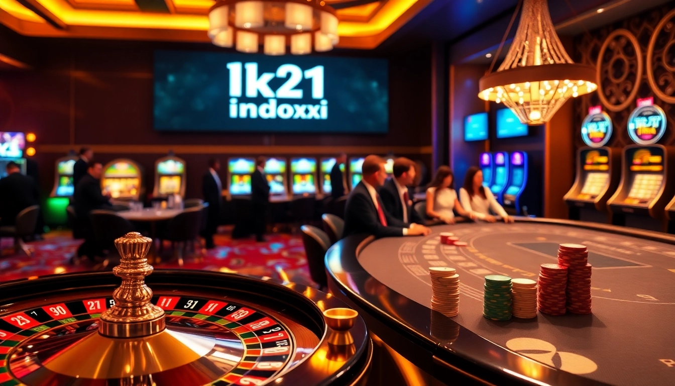 Experience the thrill of lk21 indoxxi at a luxurious casino with vibrant roulette wheels and poker chips.