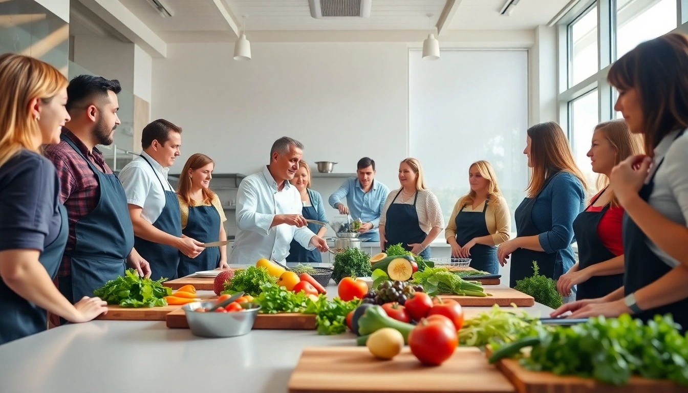 Engaged participants learning culinary skills at Dish Facts cooking class in a vibrant kitchen.