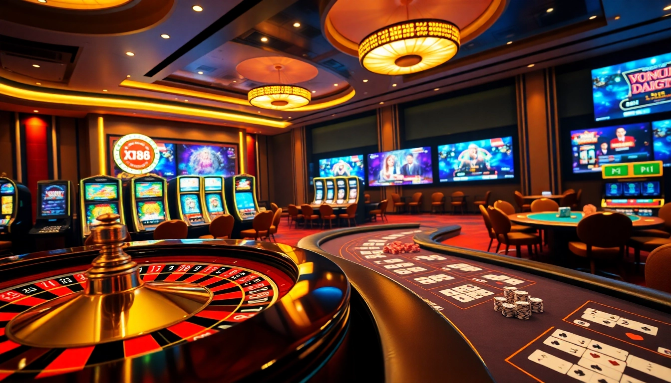 Experience gaming excitement at https://xx88.today/ with a stunning casino scene featuring roulette and poker tables.