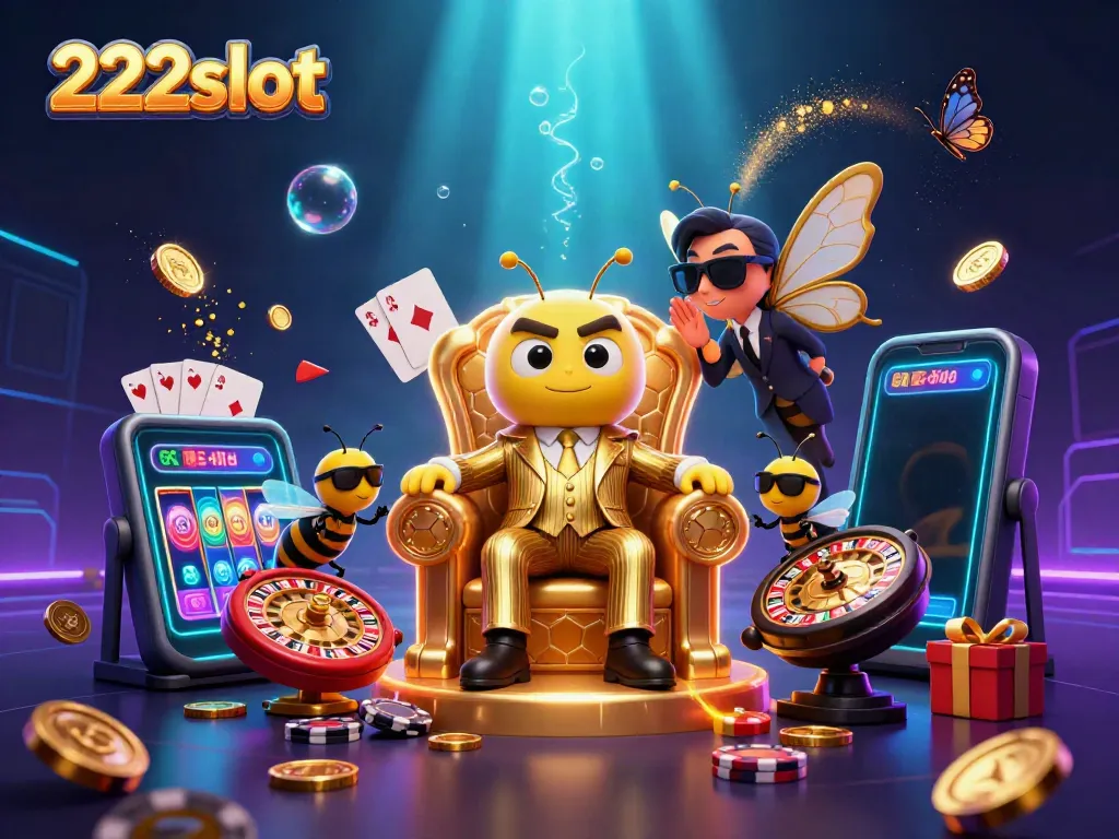 Permainan slot 222slot ditampilkan dalam ilustrasi 3D dengan raja lebah di tahta, dikelilingi elemen kasino.