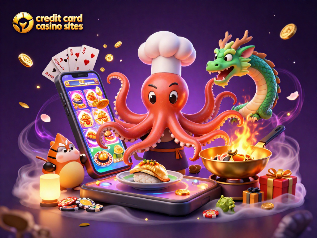 Experience the thrill of credit card casino sites with a playful underwater scene featuring a sushi chef, dragon, and tanuki.