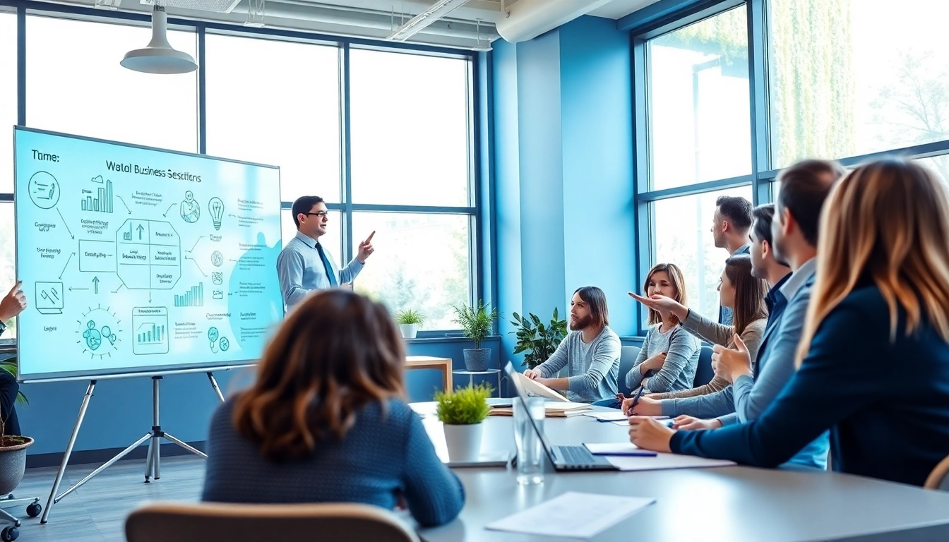 Engaged participants with a business coach near me in a bright, modern workshop environment.