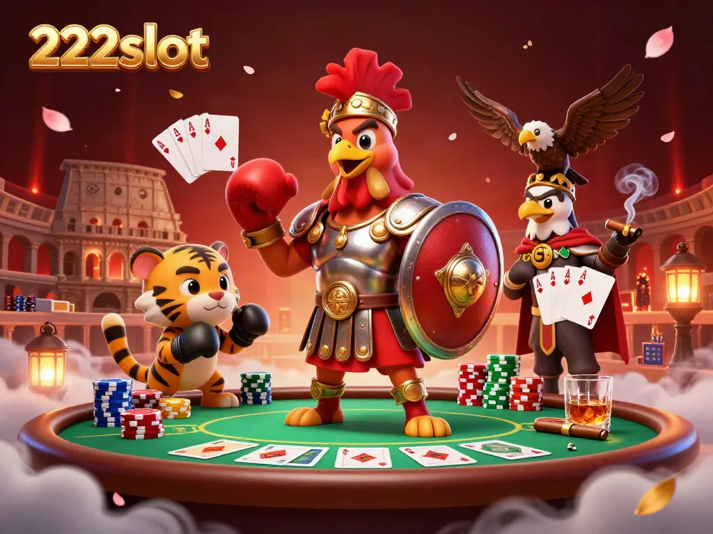 Permainan seru 222slot dengan ayam jantan gladiator dan partner harimau dalam koloseum.